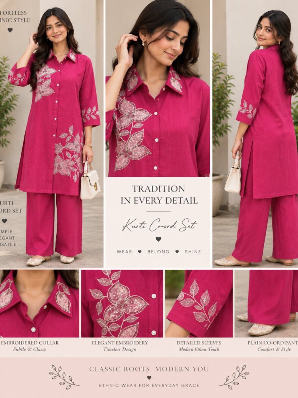 Hot Pink Floral Embroidered Shirt Dress & Pants Set